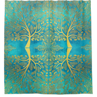 Gold Tree and Leaves Reflection on Turquoise Blue