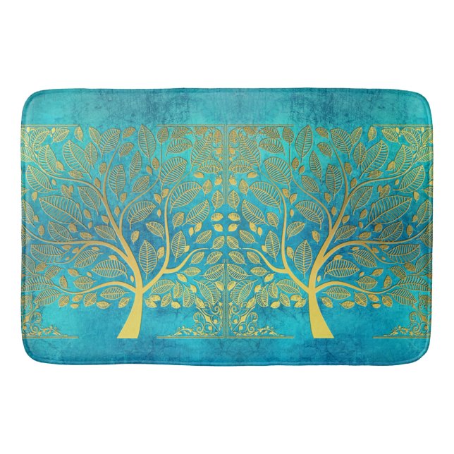 Gold Tree and Leaves Reflection on Turquoise Blue  Bath Mat (Front)