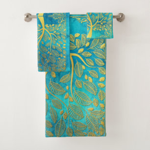 Gold Tree and Leaves Reflection on Turquoise Blue Bath Towel Set