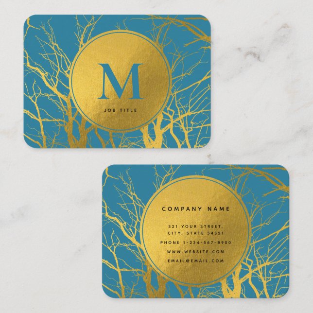 Gold Tree Branches Blue Monogram Professional Business Card (Front/Back)