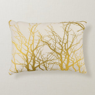 Gold Tree Branches Pattern Beige Background Accent Pillow
