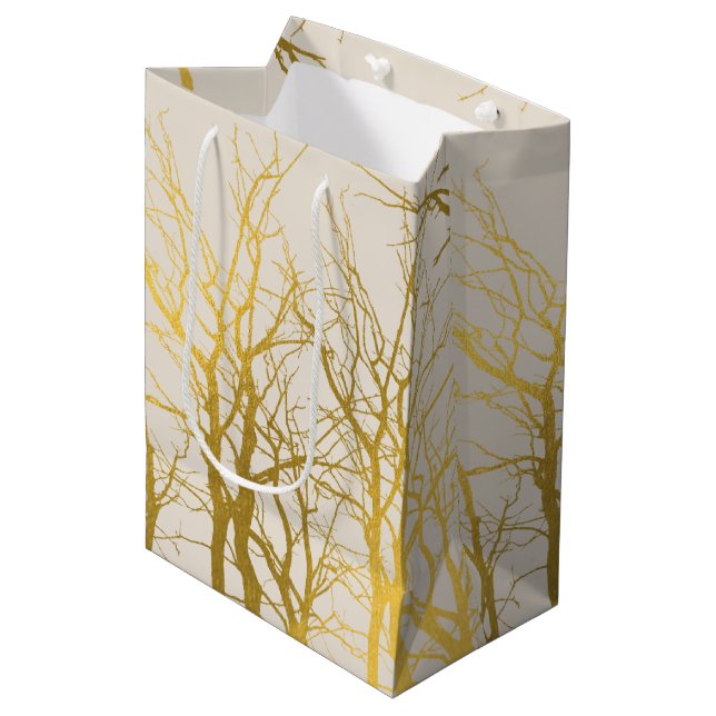 Gold Tree Branches Pattern Beige Background Medium Gift Bag (Front Angled)
