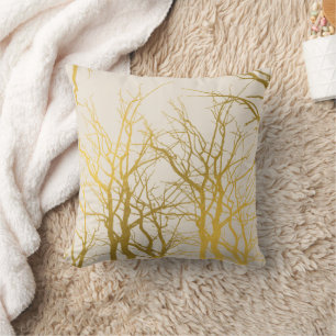 Gold Tree Branches Pattern Beige Background Throw Pillow