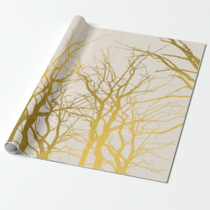 Gold Tree Branches Pattern Beige Background Wrapping Paper