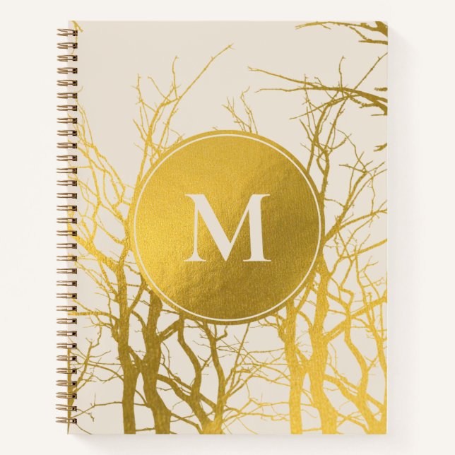 Gold Tree Branches Pattern Beige Monogram Notebook (Front)