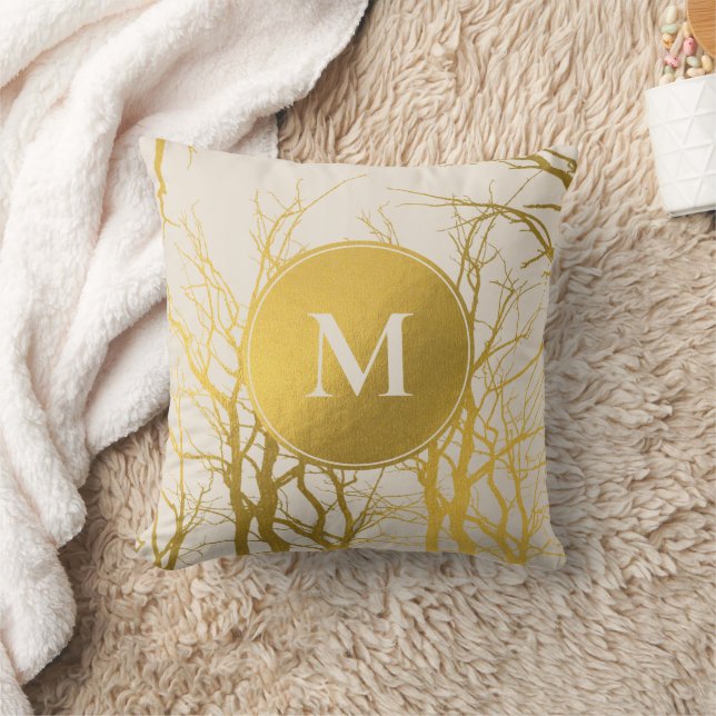 Gold Tree Branches Pattern Beige Monogram Throw Pillow (Blanket)