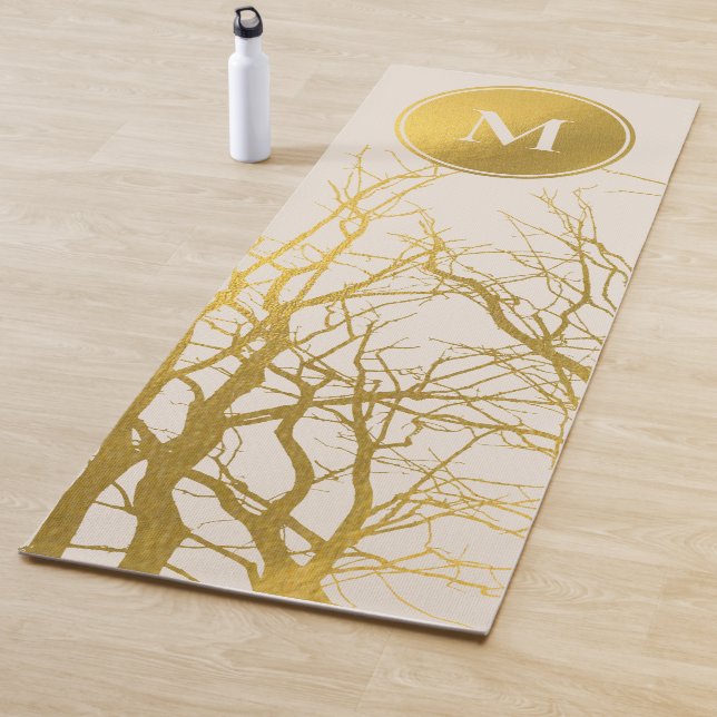 Gold Tree Branches Pattern Beige Monogram  Yoga Mat (In Situ)