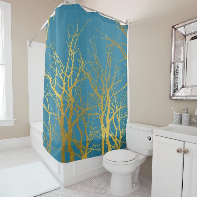 Gold Tree Branches Pattern Blue Background (In Situ)