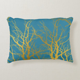 Gold Tree Branches Pattern Blue Background  Accent Pillow