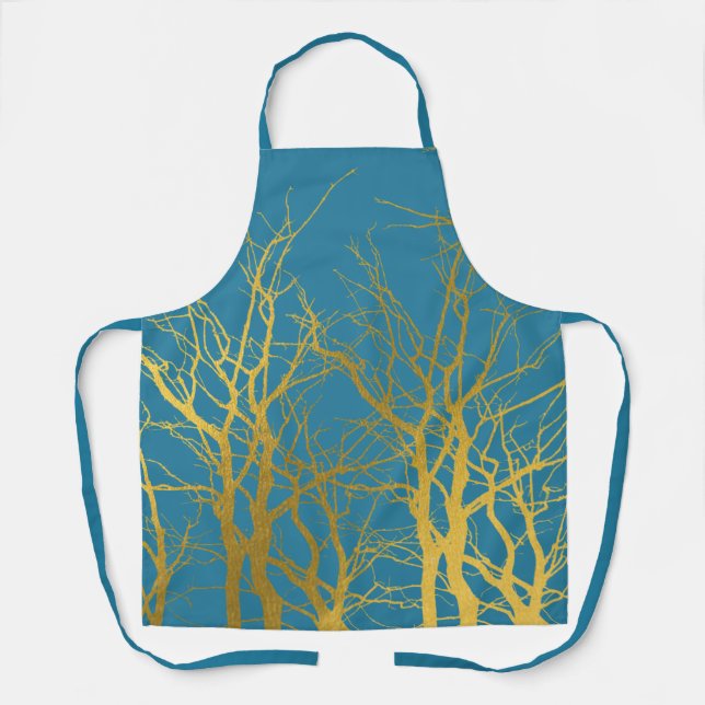 Gold Tree Branches Pattern Blue Background Apron (Front)