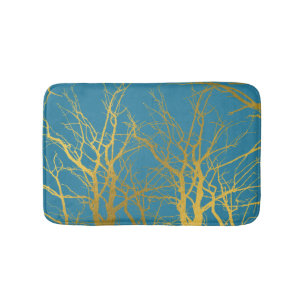 Gold Tree Branches Pattern Blue Background  Bath Mat