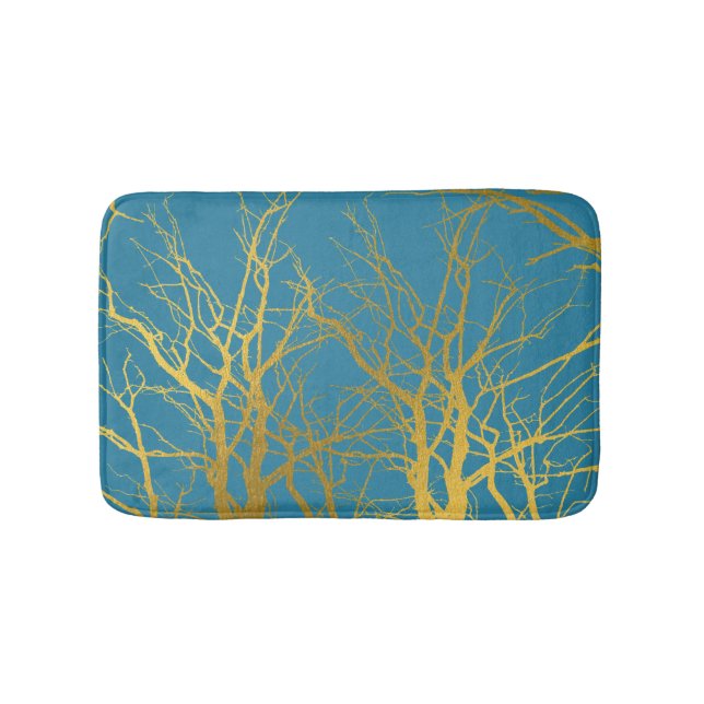 Gold Tree Branches Pattern Blue Background  Bath Mat (Front)