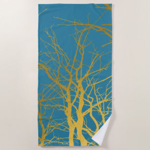 Gold Tree Branches Pattern Blue Background Beach Towel