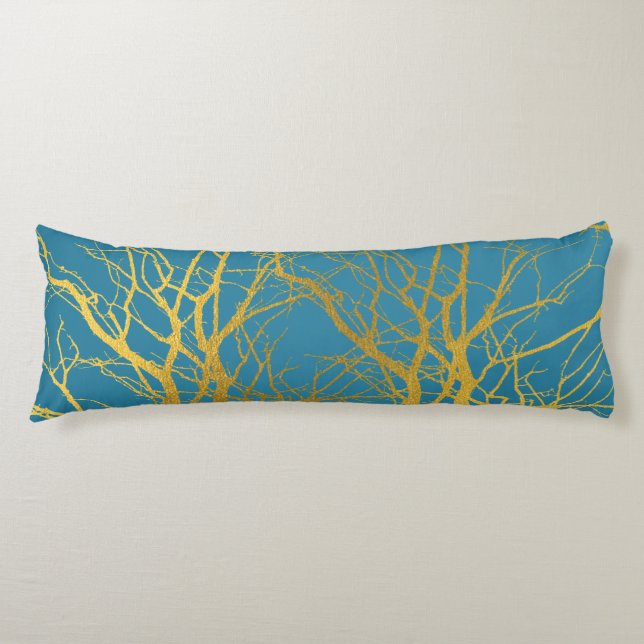 Gold Tree Branches Pattern Blue Background Body Pillow (Front)