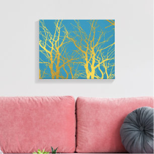 Gold Tree Branches Pattern Blue Background Canvas Print