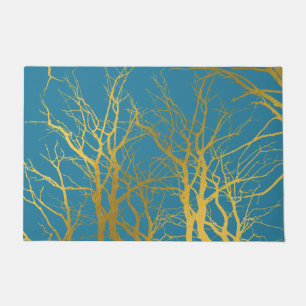 Gold Tree Branches Pattern Blue Background Doormat