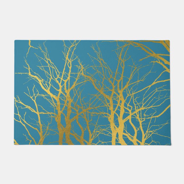 Gold Tree Branches Pattern Blue Background Doormat (Front)