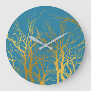Gold Tree Branches Pattern Blue Background Large Clock
