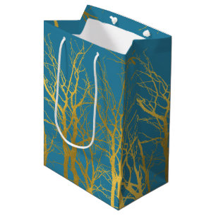 Gold Tree Branches Pattern Blue Background  Medium Gift Bag