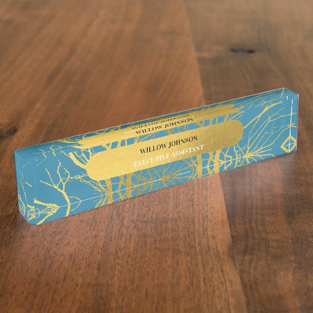 Gold Tree Branches Pattern Blue Background Nameplate (Side)