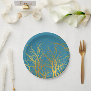 Gold Tree Branches Pattern Blue Background Paper Plate