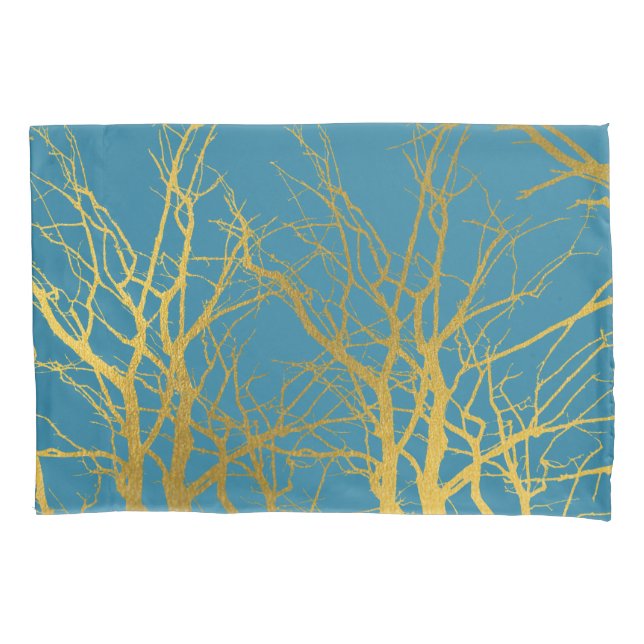 Gold Tree Branches Pattern Blue Background Pillowcase (Front)