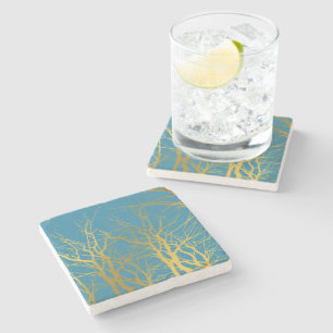 Gold Tree Branches Pattern Blue Background Stone Coaster