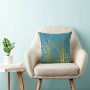 Gold Tree Branches Pattern Blue Background  Throw Pillow