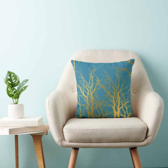 Gold Tree Branches Pattern Blue Background  Throw Pillow (Chair)