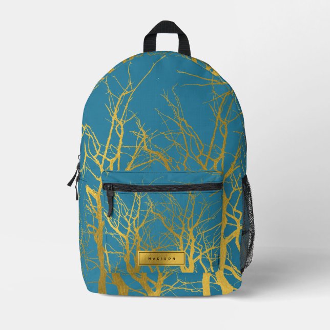 Gold Tree Branches Pattern Blue Custom Name Printed Backpack (Front)