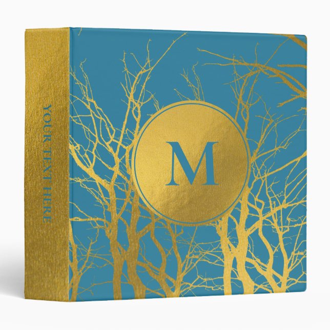 Gold Tree Branches Pattern Blue Monogram  Binder (Front/Spine)