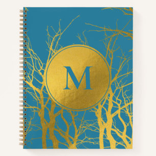 Gold Tree Branches Pattern Blue Monogram  Notebook