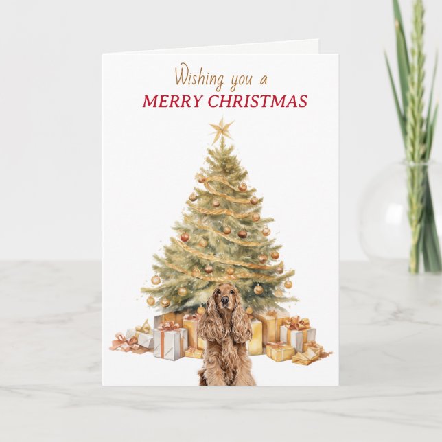 Gold Tree Buff Cocker Spaniel Christmas Holiday Card (Front)