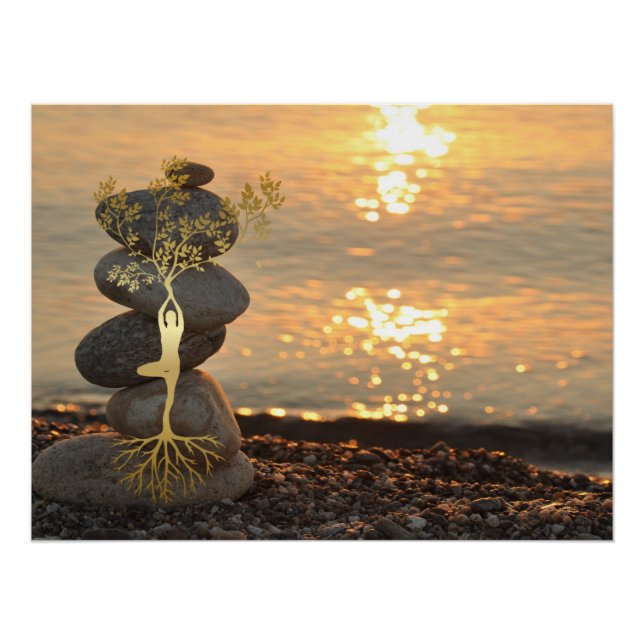 Gold Tree Girl Silhouette Zen Stones,Sunset, Beach Poster (Front)