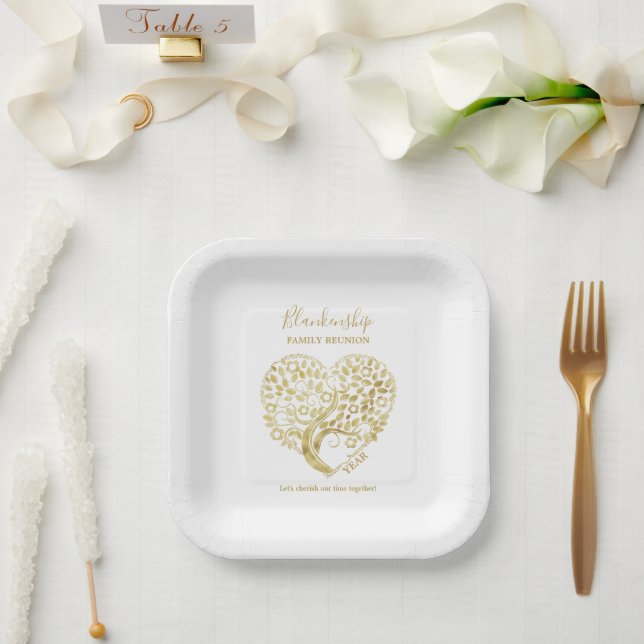 Gold Tree Heart Family Reunion Personalized Paper Plate (Wedding)