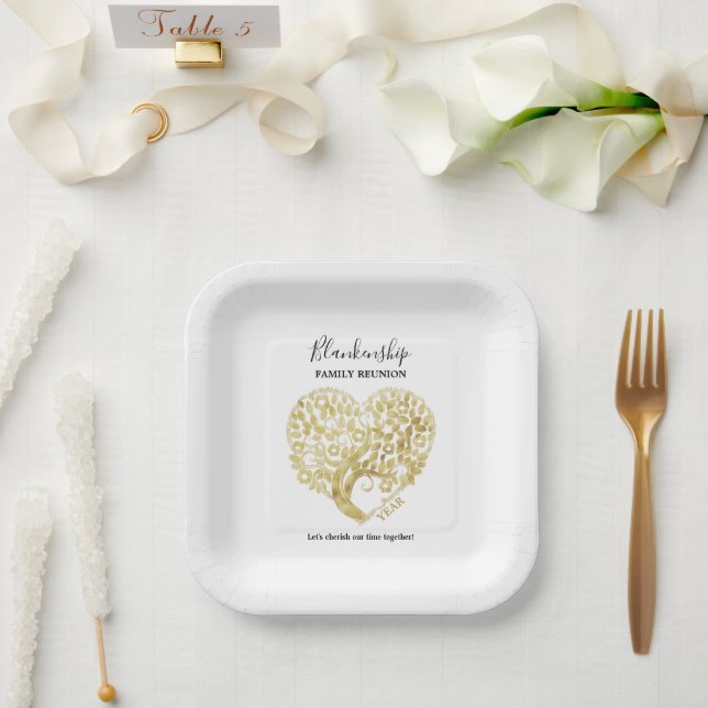 Gold Tree Heart Family Reunion Personalized Paper Plate (Wedding)