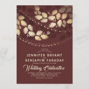 Gold Tree Lights   Elegant Burgundy Wedding Invitation