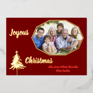 Gold Tree Minimal Dark Red Joyous Christmas Photo Foil Holiday Card