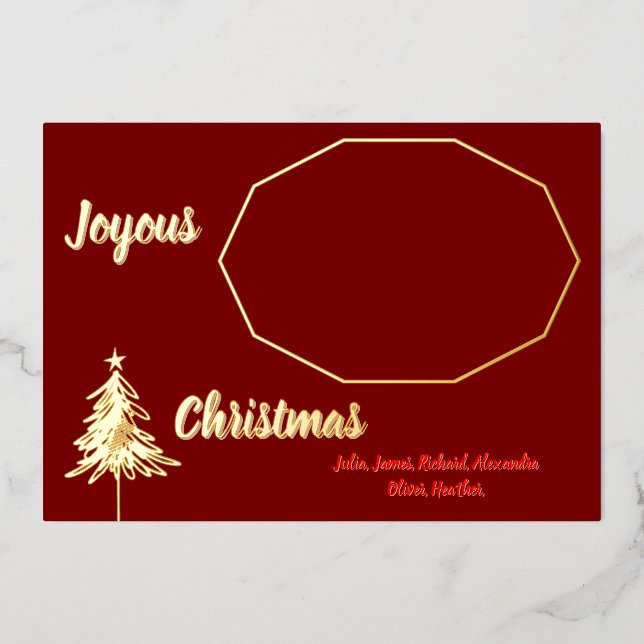 Gold Tree Minimal Dark Red Joyous Christmas Photo  Foil Holiday Card (Front)