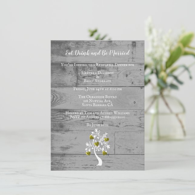 Gold Tree of Hearts Wedding Rehearsal Dinner Invitation (Standing Front)