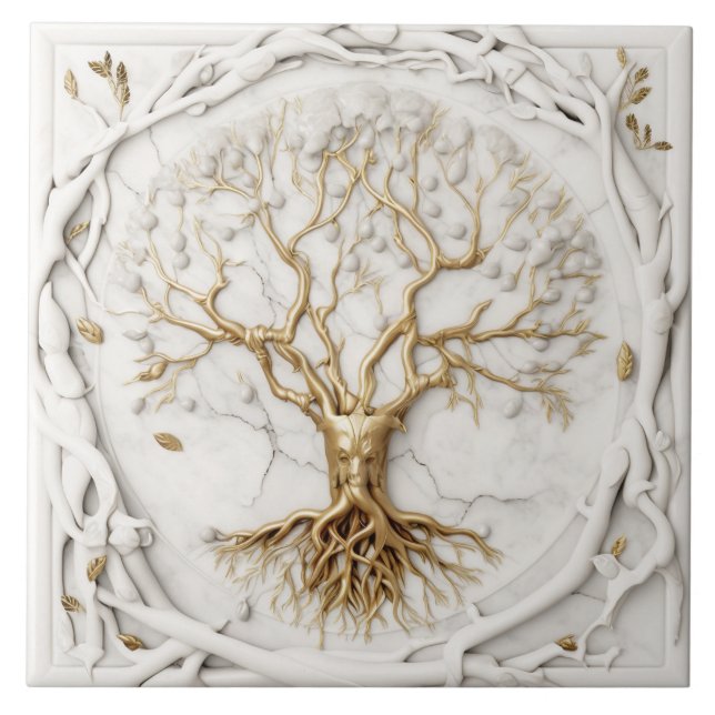 Gold tree of life 3D illustration on White marble Tile (Front)