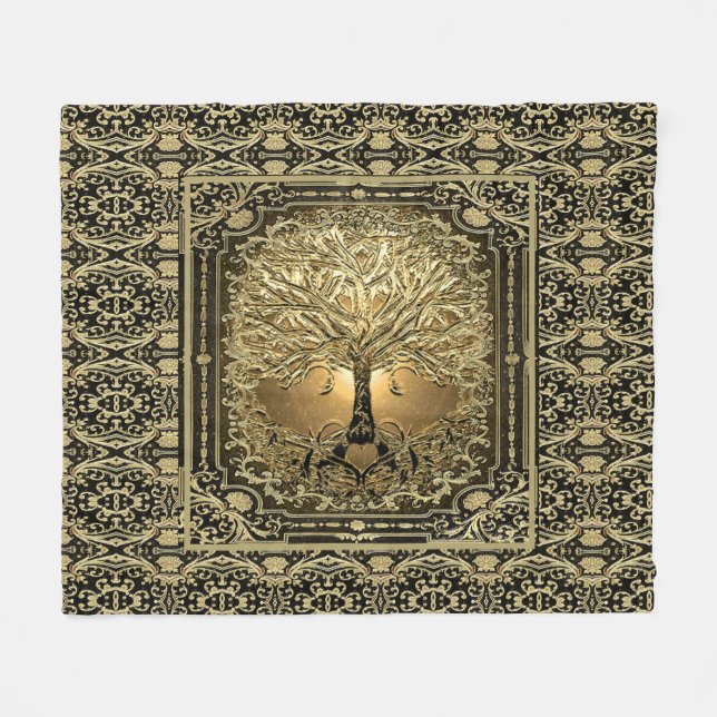 Gold Tree of Life Ancient Rustic Fleece Blanket (Front (Horizontal))