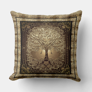 Gold Tree of Life Ancient Rustic Throw Pillow