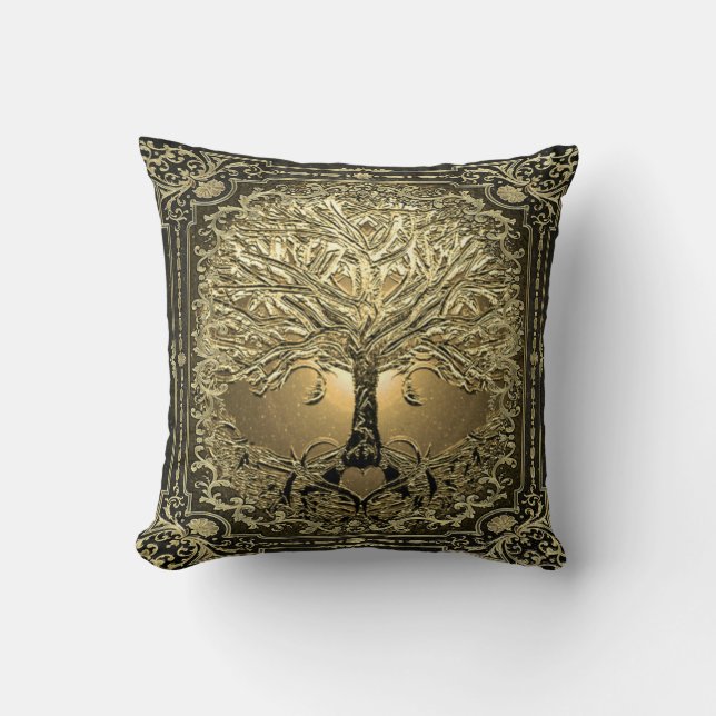 Gold Tree of Life Ancient Rustic Throw Pillow (Front)