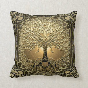 Gold Tree of Life Ancient Rustic Throw Pillow