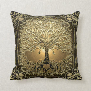 Gold Tree of Life Ancient Rustic Throw Pillow