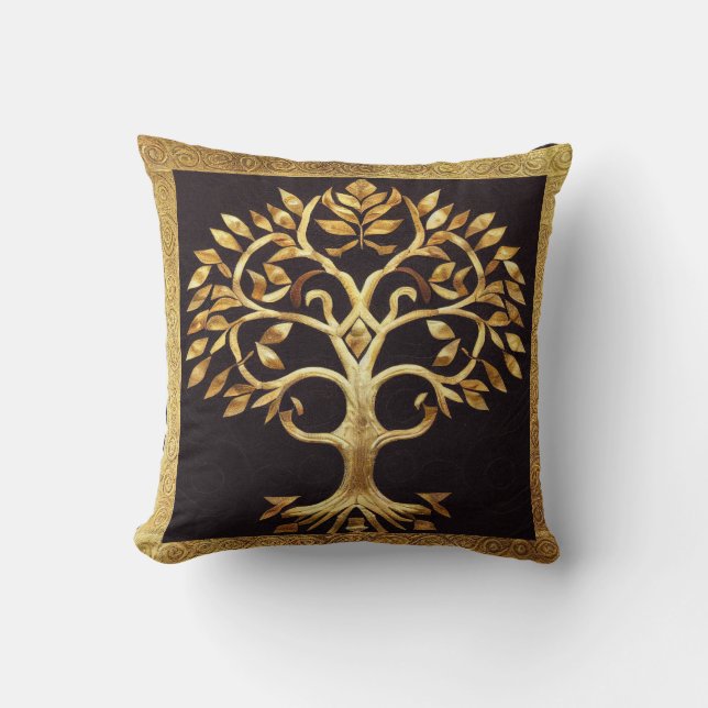 Gold Tree of Life by kedoki Ancient Rustic Throw Pillow (Front)