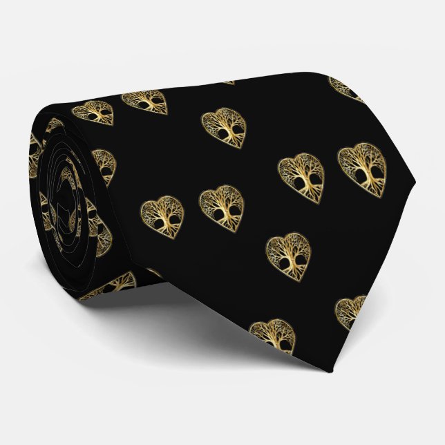Gold tree of life heart black pattern tie (Rolled)