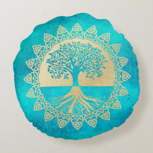 Gold Tree Of Life on Turquoise Round Pillow