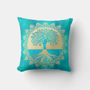 Gold Tree Of Life on Turquoise Throw Pillow